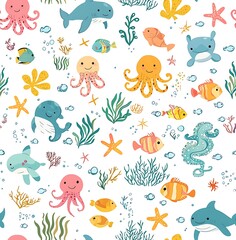 Obraz premium A seamless pattern of cute sea animals