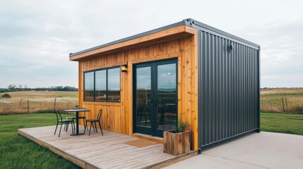 Rustic container coffee shop exterior with weathered wood finish, small patio, and countryside view