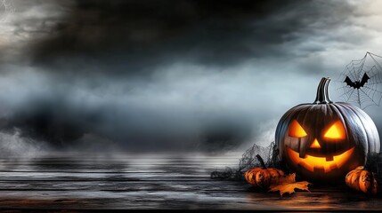 Glowing Halloween pumpkin with a carved face sitting on a wooden table against a foggy background, perfect for spooky autumn festival decoration. The dark night sky adds an eerie atmosphere to this Ha