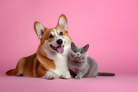 Puppy corgi and British cat isolated on the pink background with copy space. Happy World Pets Day concept. The cutest purebred pets on a uniform background.