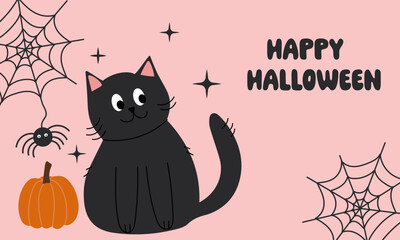 Obraz premium Happy Halloween pink banner. Cute cat, pumpkin, spider, web