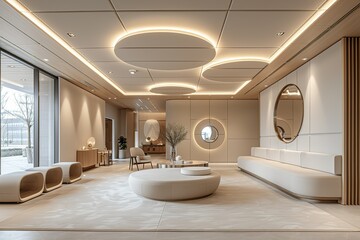 A large, open living room with a white color theme