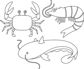 small aquatic animal icons vector illustration outline black white