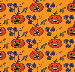 Halloween seamless pattern with cute pumpkin face. Vector illustration