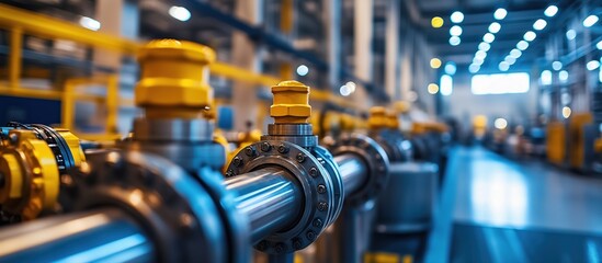 Fototapeta premium Close-up of interconnected steel pipelines and industrial valves in a large factory setting, with the expansive building interior visible in the background