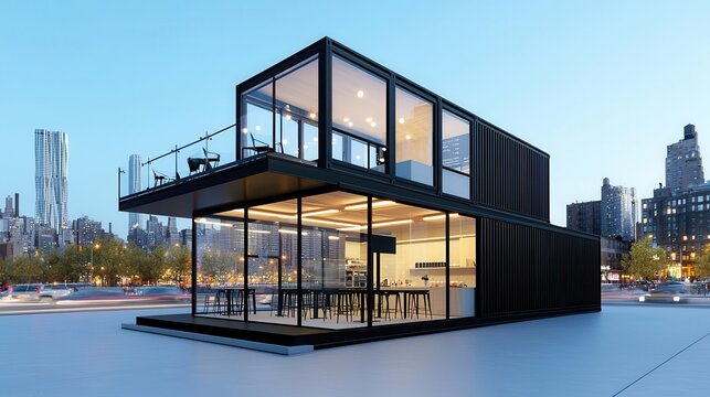 Sleek container coffee shop exterior with glass facade, rooftop patio, and view of a busy downtown street