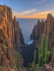 Emerald green cacti against dramatic rocky cliffs at sunset, overlooking serene ocean with pastel skies and golden light reflections