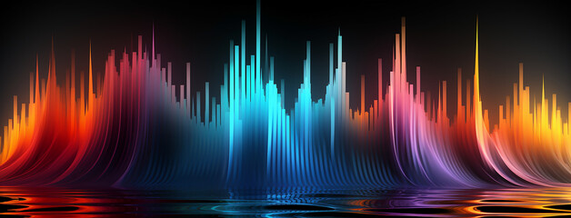 Wide panoramic colorful smooth transparent abstract cosmic equalizer waves in black background banner 
