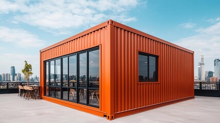 Fototapeta premium Industrial-style container coffee shop exterior with corrugated metal siding, wooden deck, and urban city backdrop