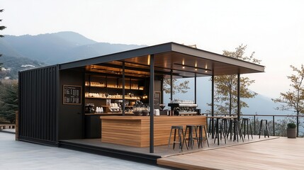Obraz premium Contemporary container coffee shop exterior with matte black panels, open-air seating, and view of a park