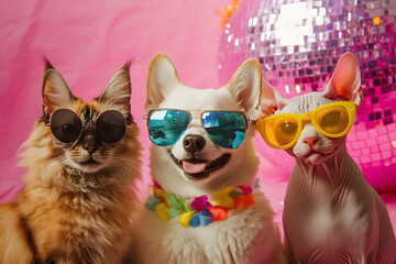 Pets at a party with a disco ball on the pink background. A dog and two cats wearing sunglasses celebrate Pet Day. 