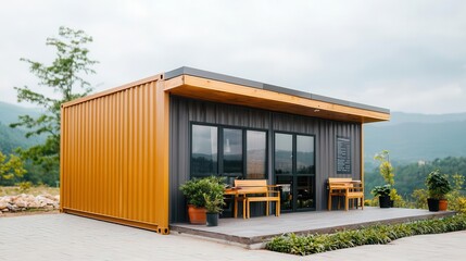 Rustic container coffee shop exterior with weathered wood finish, small patio, and countryside view