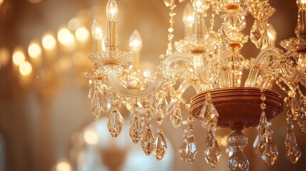 Close-up of a crystal chandelier with a blurred background of lights.