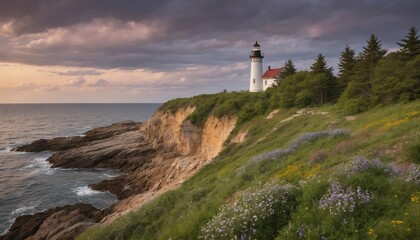 A serene coastal view at dusk featuring a historic lighthouse perched on rocky cliffs with vibrant greenery surrounding it