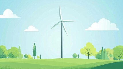 A minimalist flat vector wind turbine standing tall, representing clean energy and sustainability in modern design.