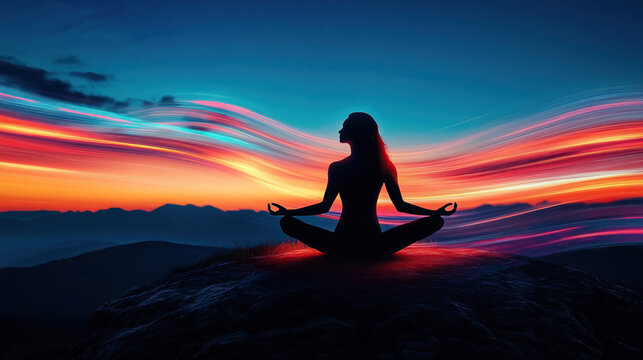 long exposure with motion blur light trail of black silhouette of woman meditating in lotus position on mountains at sunset 
