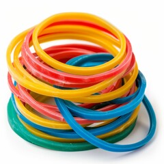  Photograph of rubber bands, versatile stretchables, isolated on a white background