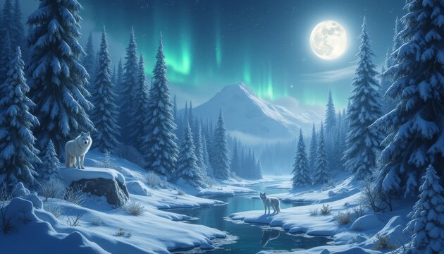 Guardians of the Moonlit Forest: Wolves Under the Northern Lights