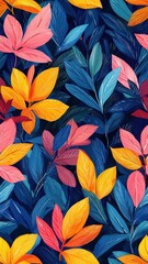 Fototapeta premium A vibrant pattern of colorful leaves against a dark background, showcasing a variety of hues and shapes, creating a lively and artistic botanical display.