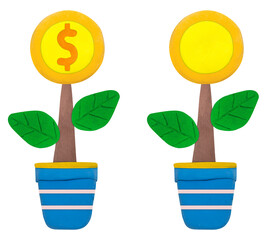 Golden Dollar money coin tree Concept investment growth , business , finance , made from plasticine sculpture technic on white