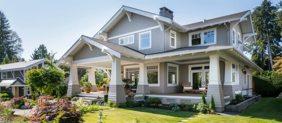 Craftsman-style house painted in light gray with white accents, featuring a spacious porch and manicured garden, on a clear day.