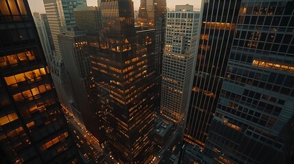 Stunning sunset over downtown  a high angle view of skyscrapers and modern urban architecture