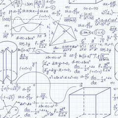 "Back to school" vector seamless pattern with handwritten math formulas, figures, calculations on grid copybook sheet of paper