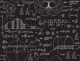 Educational vector "Back to school" seamless background with handwritten math calculations, figures and formulas