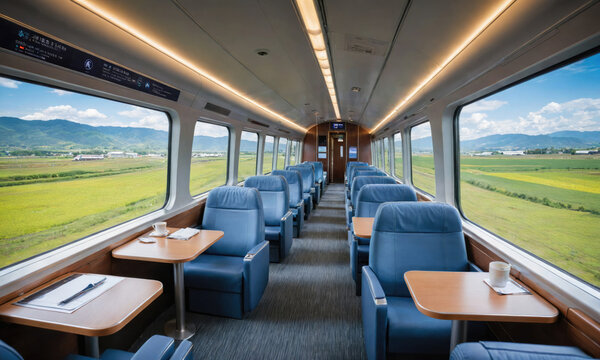 A train car interior with blue seats and tables, a large window with a view of mountains and fields