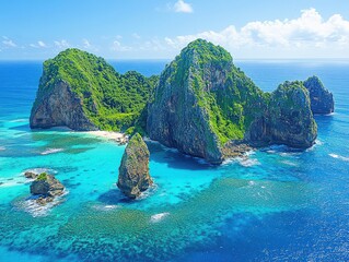 Obraz premium Breathtaking Aerial View of Remote Tropical Island with Lush Green Mountains and Clear Blue Waters in Idyllic Ocean Setting