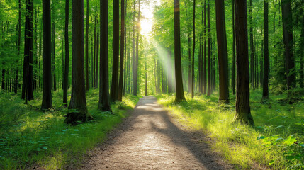A tranquil forest path illuminated by dappled sunlight filtering through lush green leaves