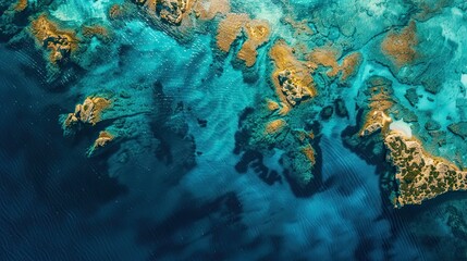 Obraz premium Blue sea with scattered islands and shallow sandy reefs forming patterns