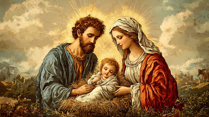 Christmas Nativity Scene, Birth of Baby Jesus with his parents Joseph and Mary. Christmas Nativity Scene. © JMarques