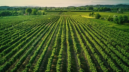 Expansive vineyard with rows of grapevines and clusters of trees on the horizon