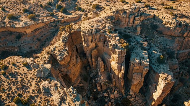 Aerial view of a large rock formation with deep shadows and patches of desert vegetation