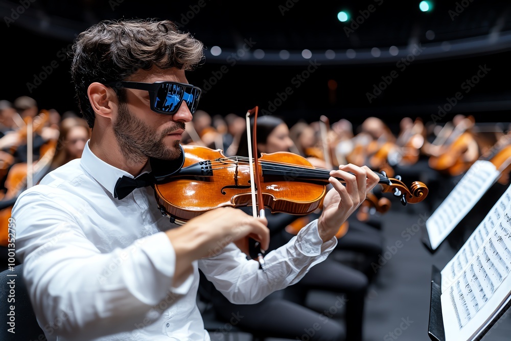 Poster 3d digital orchestra experience, where users can choose instruments, sit in the orchestra, and exper