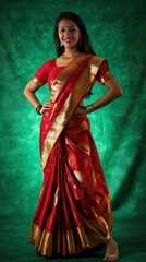 Portrait of Indian young woman in bright red saree with gold borders, striking a cheerful pose with hands on her hips, with an deep green gradient glowing backdrop, Indian traditional Diwali festival