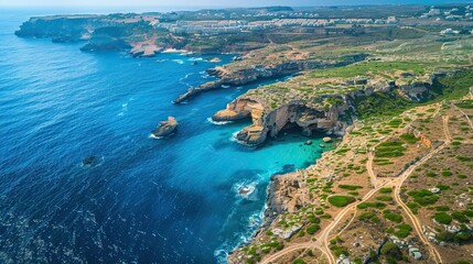 Aerial view of a rugged coastline with steep cliffs rocky outcrops and sandy coves