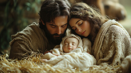 Obraz premium Christmas Nativity Scene, Birth of Baby Jesus with his parents Joseph and Mary. Christmas Nativity Scene.