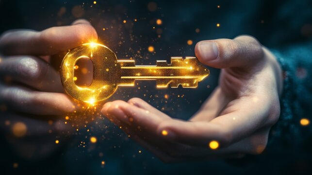 A glowing digital key is held between two hands, symbolizing unlocking potential or access to information in a futuristic context.