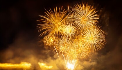 close up Golden fireworks bursting in the night sky, symbolizing grandeur and celebration beauty art