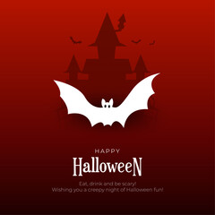 Obraz premium Happy Halloween Greeting Card and Social Media Post. Modern Halloween Background with Cute Bat Character and Trick or Treat Vector Illustration