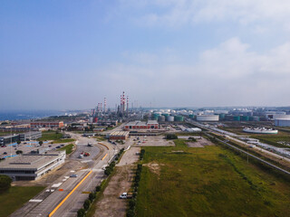 Aerial drone view of the decommissioned Matosinhos refinery in Leça da Palmeira, Porto, Portugal