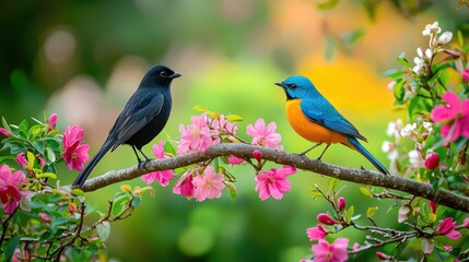 A black-tailed bird and a blue bird sitting on the same branch, with a colorful background, photo-realistic landscapes, vibrant gardens, high-definition 