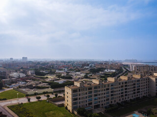 Aerial drone view of Leça da Palmeira Beach, Porto, Portugal, near Matosinhos. Sunny day
