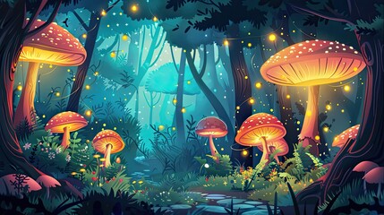 Enchanted forest with large trees glowing mushrooms and sparkling fairy lights