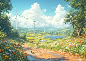 Pastoral Landscape with Wind Turbines, Flowering Meadow, and Grazing Cows under a Clear Blue Sky with Fluffy Clouds