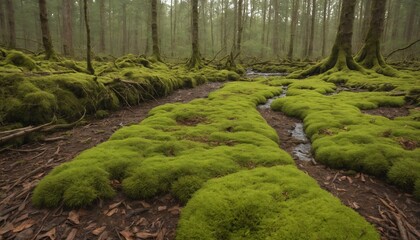 Lush green moss carpet blankets the forest floor in a serene woodland landscape during the tranquil morning light
