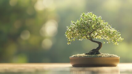 A bonsai tree on the right side, standing out in crystal-clear focus against a subtly blurred left side that fades into the background. UHD. Hyper Realistic.