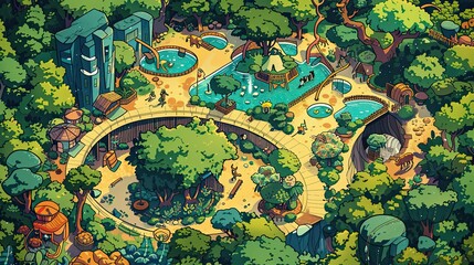Playful zoo scene with exaggerated enclosures and colorful plants ideal for text